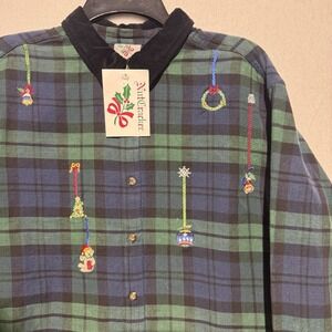 NutCracker Women's Large Christmas Flannel Shirt‎ Embroidered Ornaments Collared